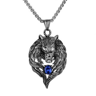Wolf Stainless Steel Crystal Men Pendant Chain Necklace