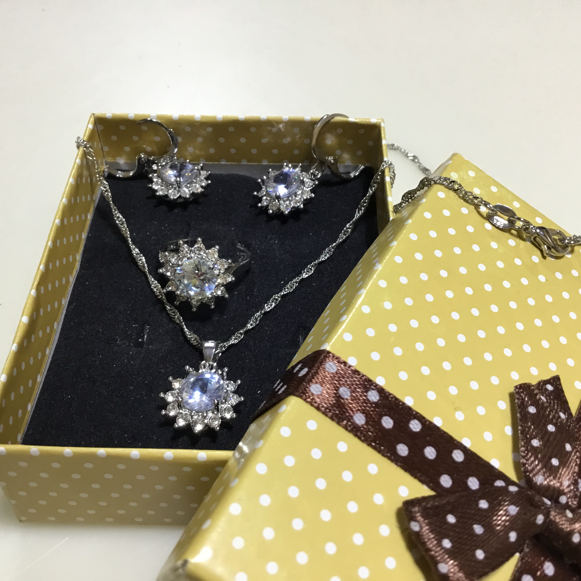 Sterling Silver 925 Cubic Zirconia Earrings Necklace Ring Women Jewelry Flower Set - Image 3