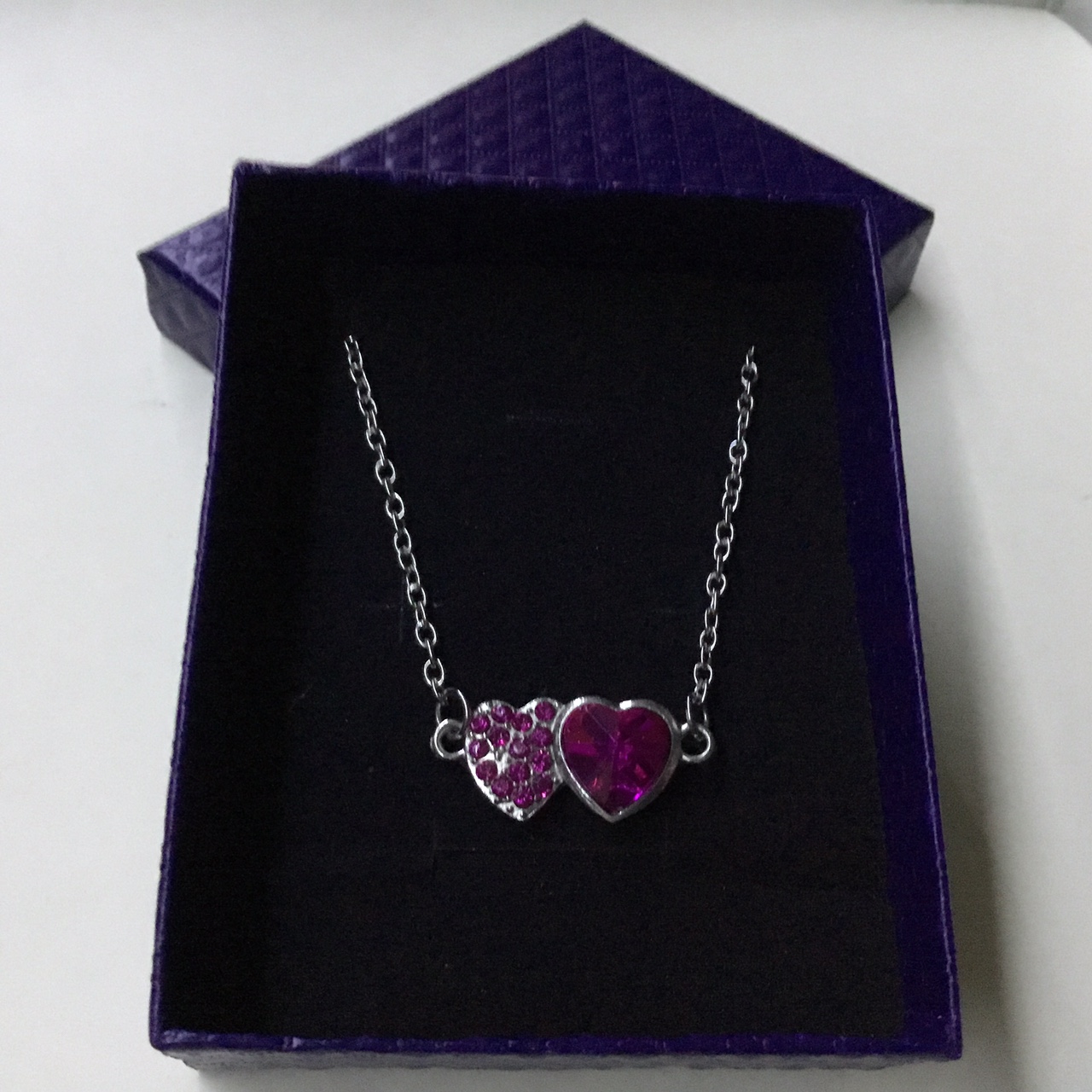 Gorgeous Crystal Zirconia Pink Double Hearts Women Stainless Steel Pendant Necklace